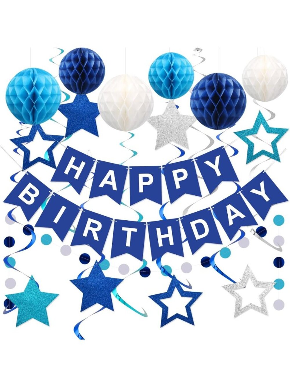 Happy Birthday Decorations Set - Colorful Banner & Honeycomb Balls for Parties